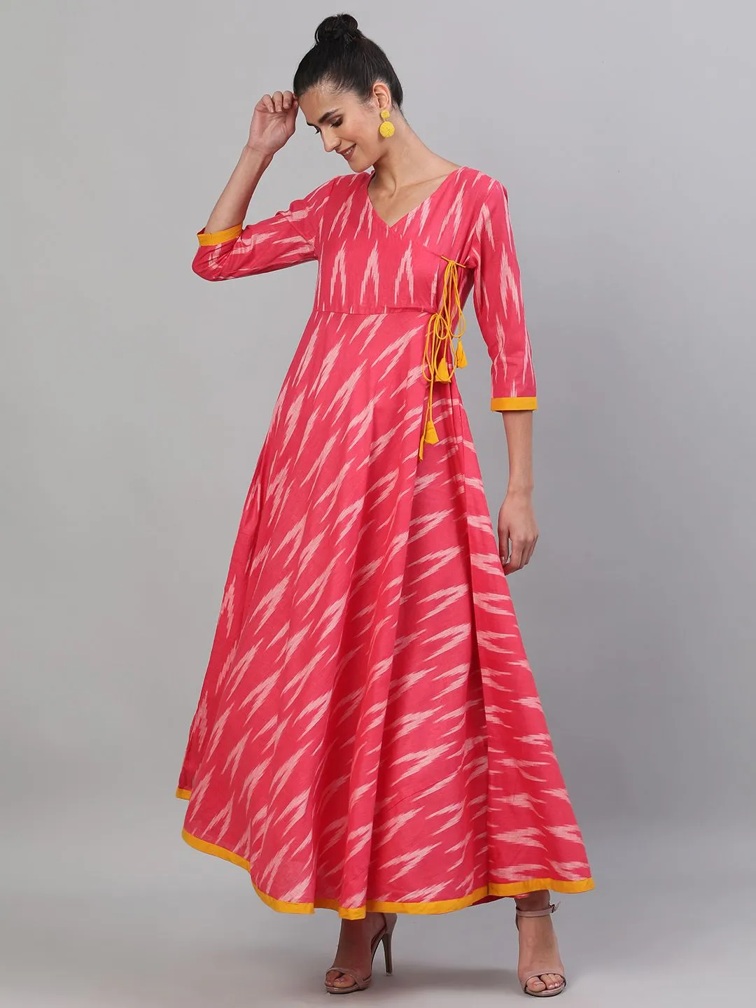 DRESS - Pink & White Ikat Handloom Woven Design Flared Maxi with Matching Face Mask