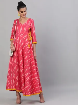 DRESS - Pink & White Ikat Handloom Woven Design Flared Maxi with Matching Face Mask