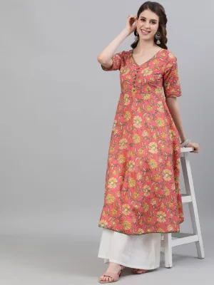 DRESS - Pink Floral Printed Flared Anarkali Dress