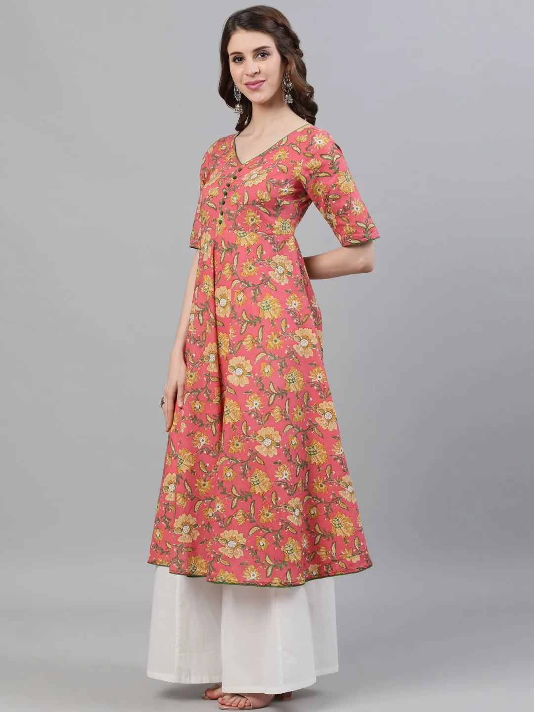 DRESS - Pink Floral Printed Flared Anarkali Dress