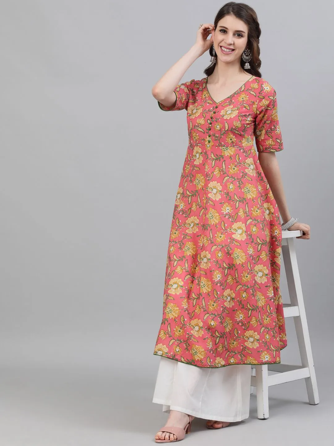 DRESS - Pink Floral Printed Flared Anarkali Dress