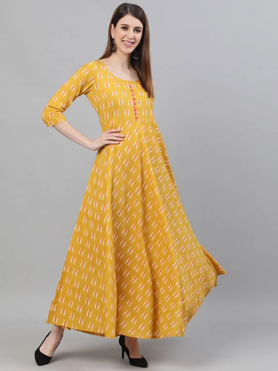 DRESS - Yellow Ikat Printed Flared Maxi Dress