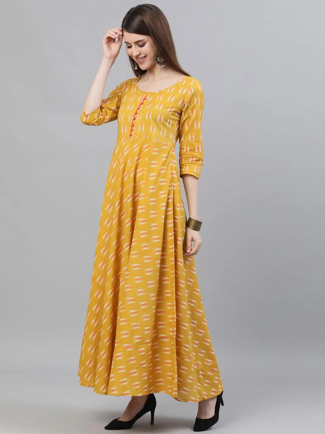 DRESS - Yellow Ikat Printed Flared Maxi Dress