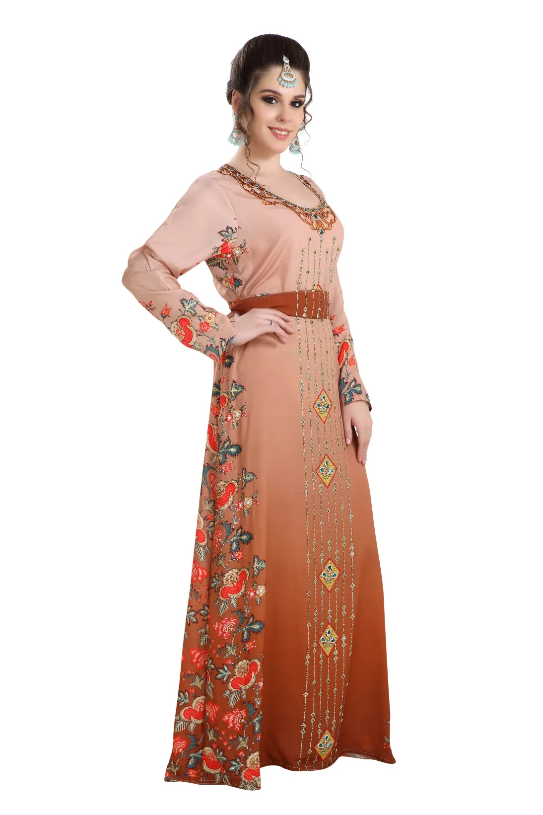 Dubai Kaftan Digital Printed Long Maxi Dress With Crystals