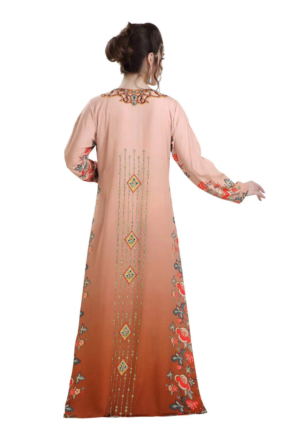 Dubai Kaftan Digital Printed Long Maxi Dress With Crystals