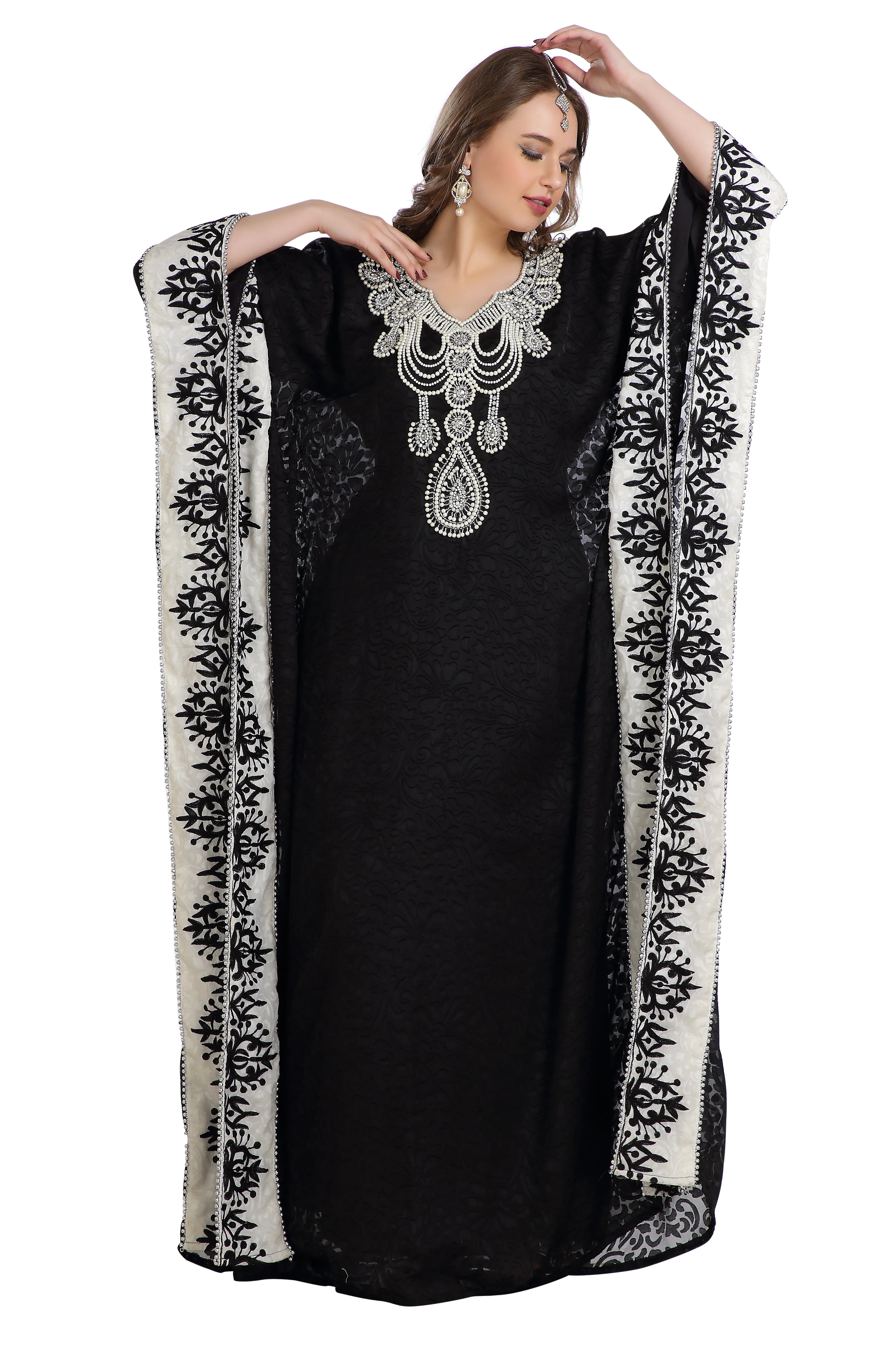 Dubai Kaftan With Embossed Fabric Printed Brasso & Silver Hand Work Abaya