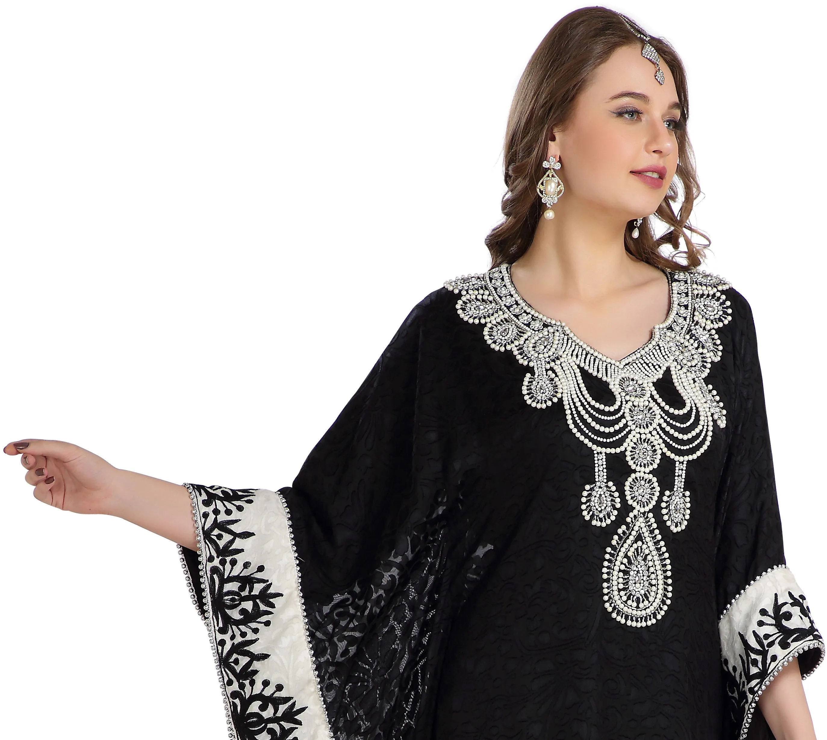 Dubai Kaftan With Embossed Fabric Printed Brasso & Silver Hand Work Abaya