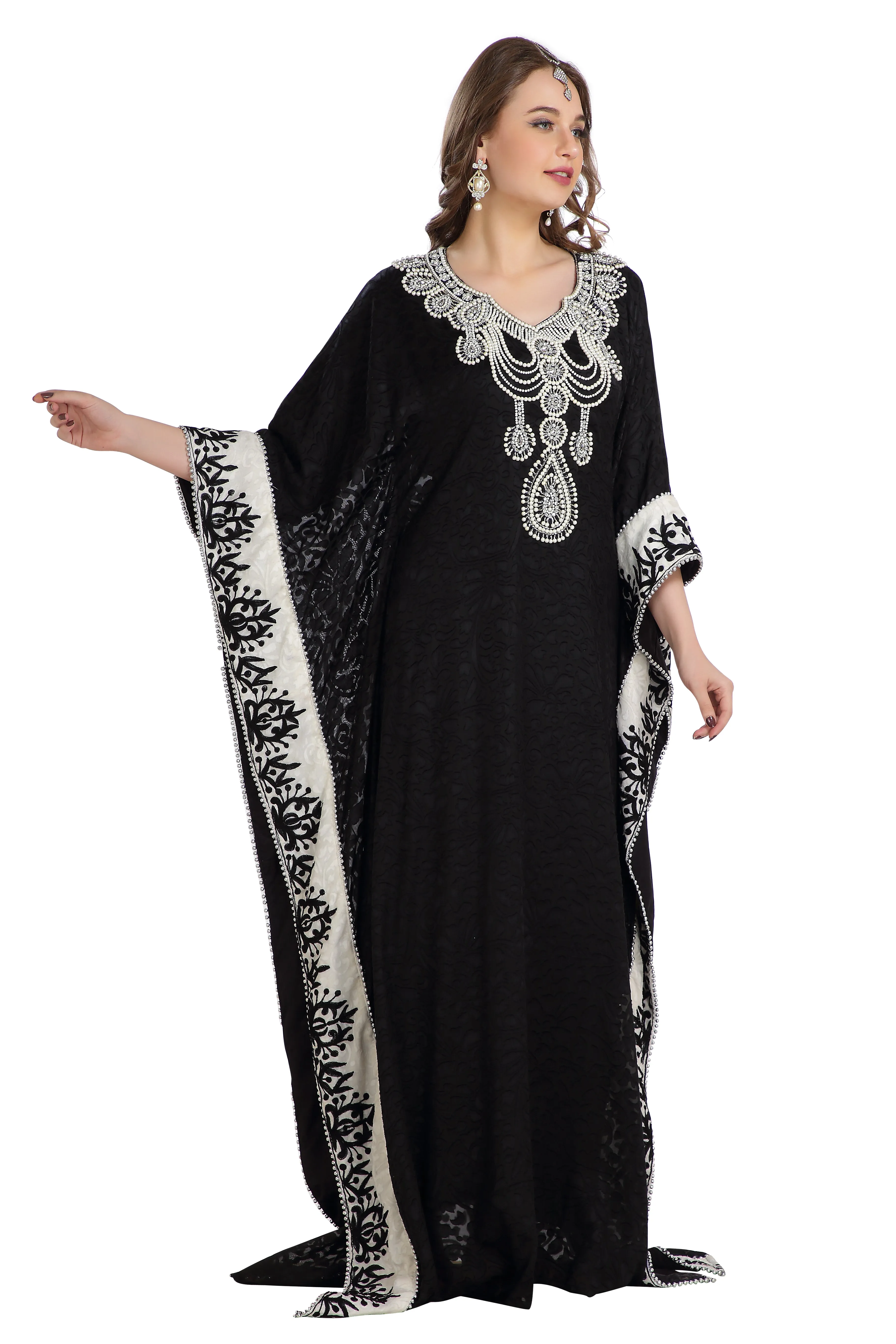 Dubai Kaftan With Embossed Fabric Printed Brasso & Silver Hand Work Abaya