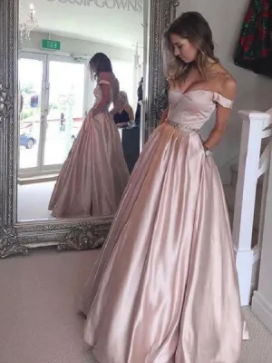 Dusty Pink Long Off Shoulders Prom Dress with Pockets