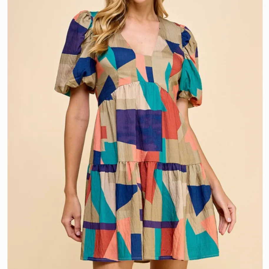 Easy Breezy Geo Print Puff Sleeve Dress