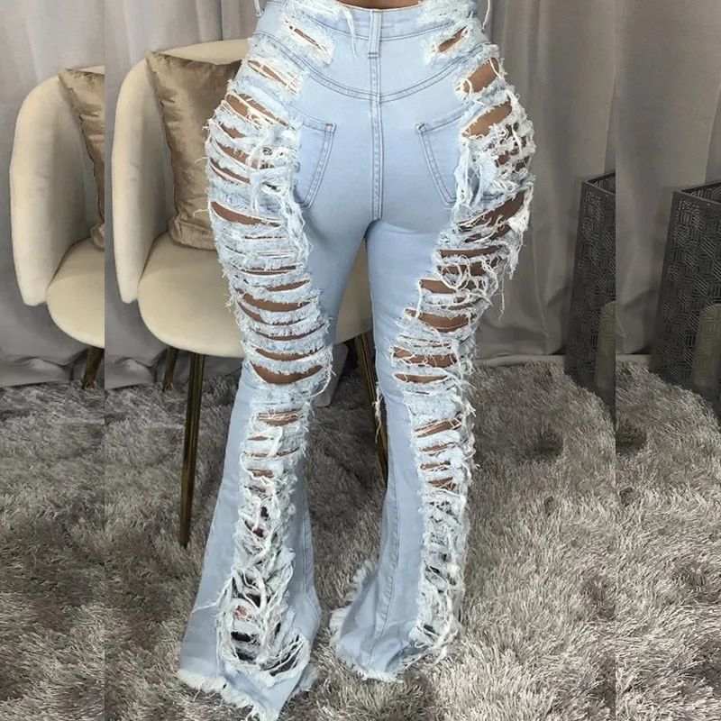 Echoine Casual Loose Blue Jeans Hollow Out Wide Leg Denim Pants Women