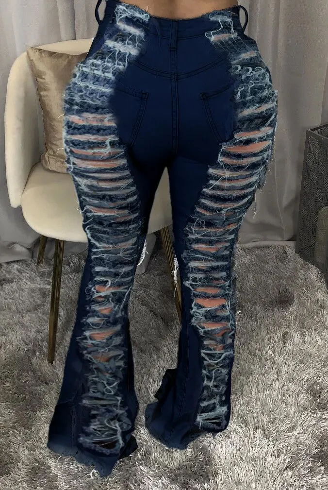 Echoine Casual Loose Blue Jeans Hollow Out Wide Leg Denim Pants Women