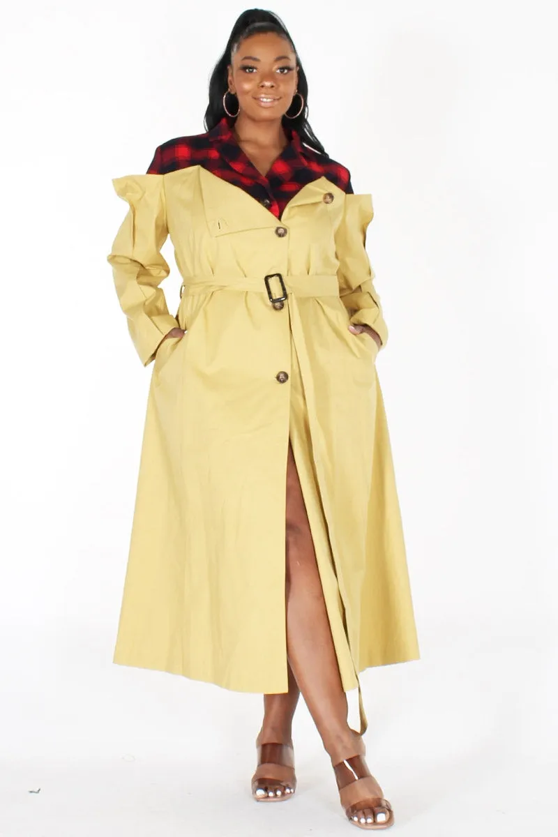 Eien EI1753X Belted Plaid PlusSize Trench Coat