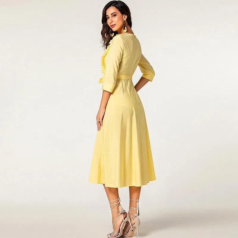 Elegant 3/4 sleeve ruffle midi cotton shirt dress