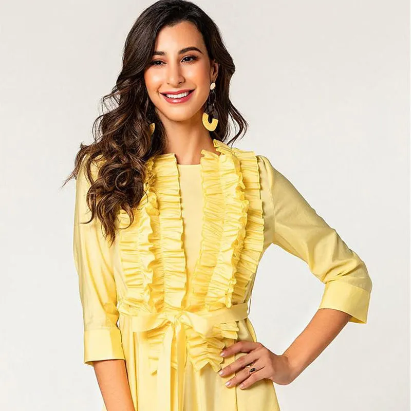 Elegant 3/4 sleeve ruffle midi cotton shirt dress