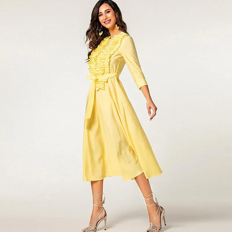 Elegant 3/4 sleeve ruffle midi cotton shirt dress