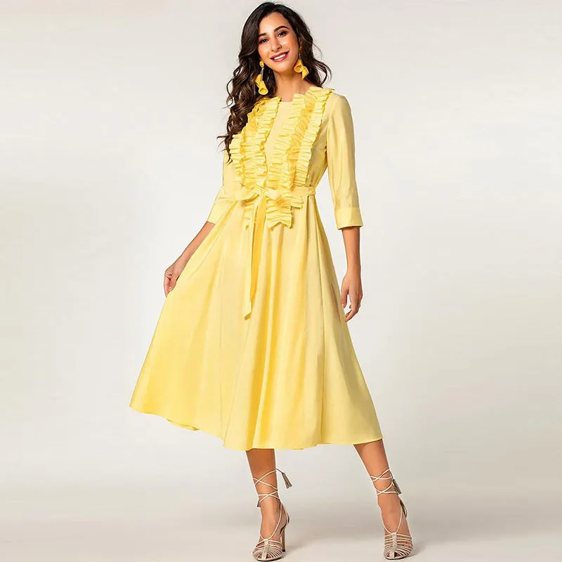 Elegant 3/4 sleeve ruffle midi cotton shirt dress