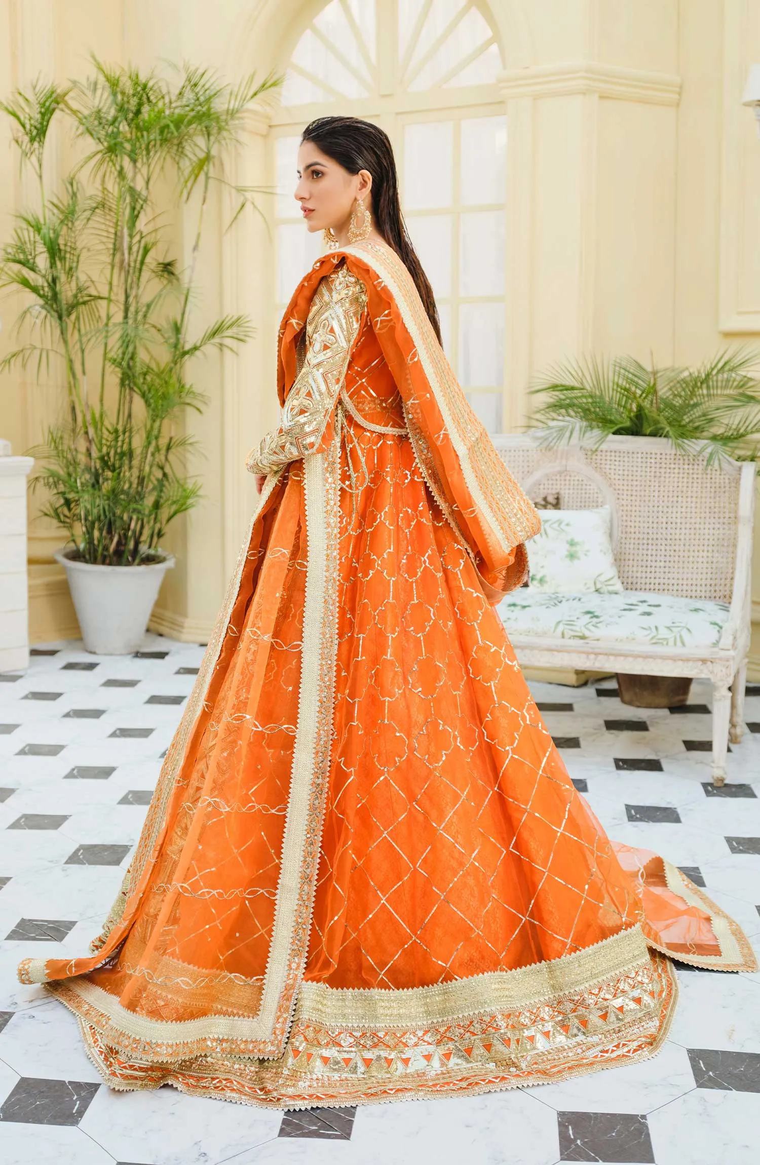 Elegant Frock Dress Pakistani in Orange Shade #PF418