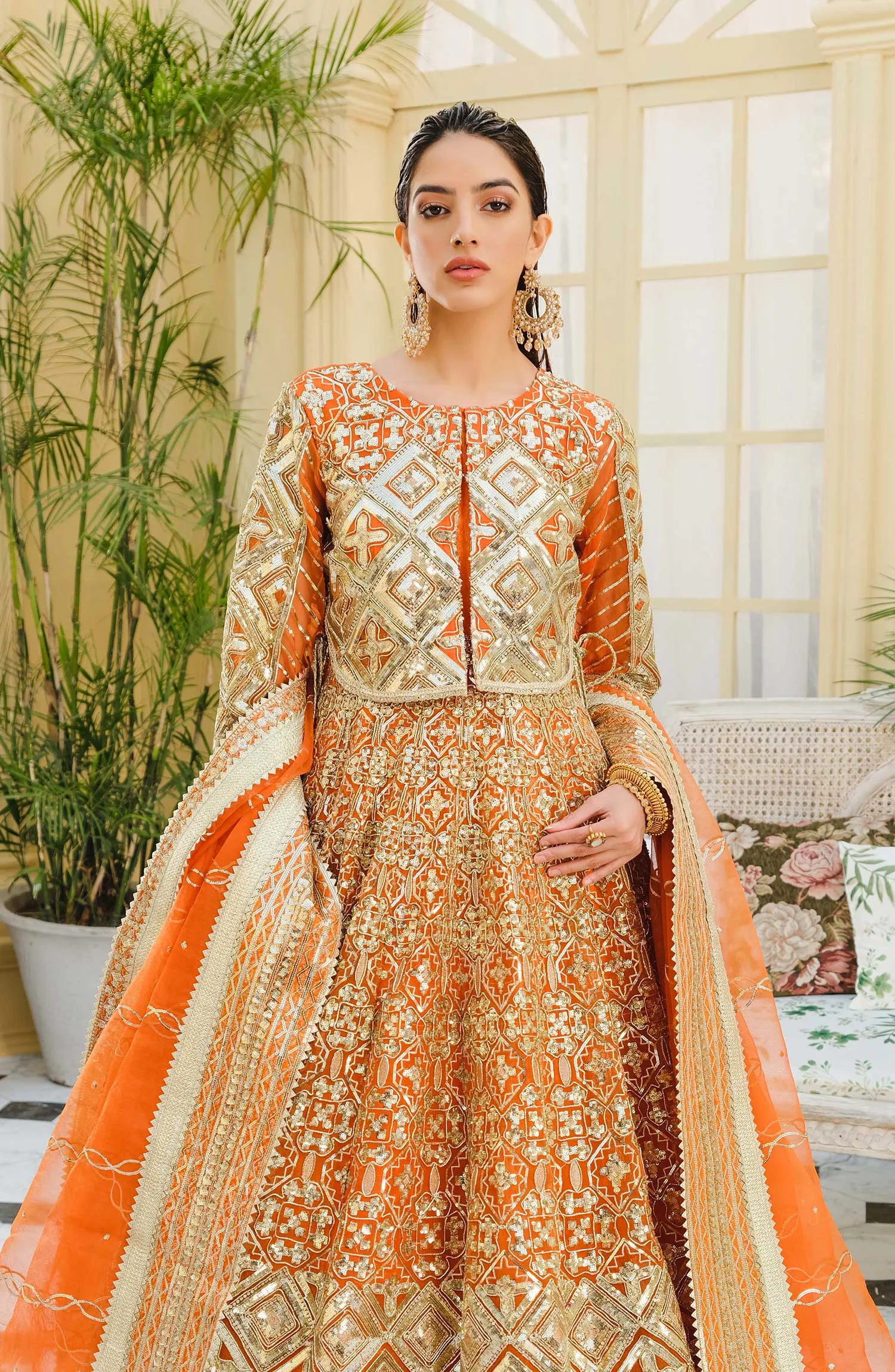 Elegant Frock Dress Pakistani in Orange Shade #PF418