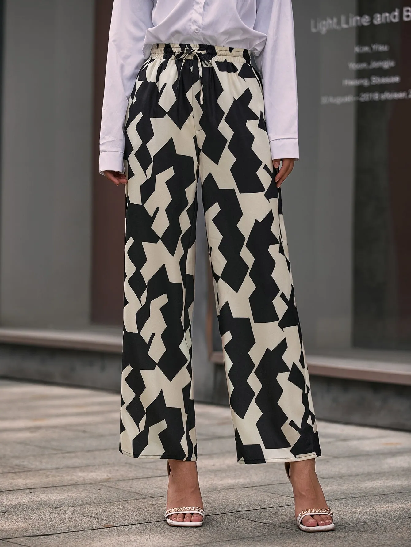 Elegant Geometric Pocket High Waist Long Women Pants