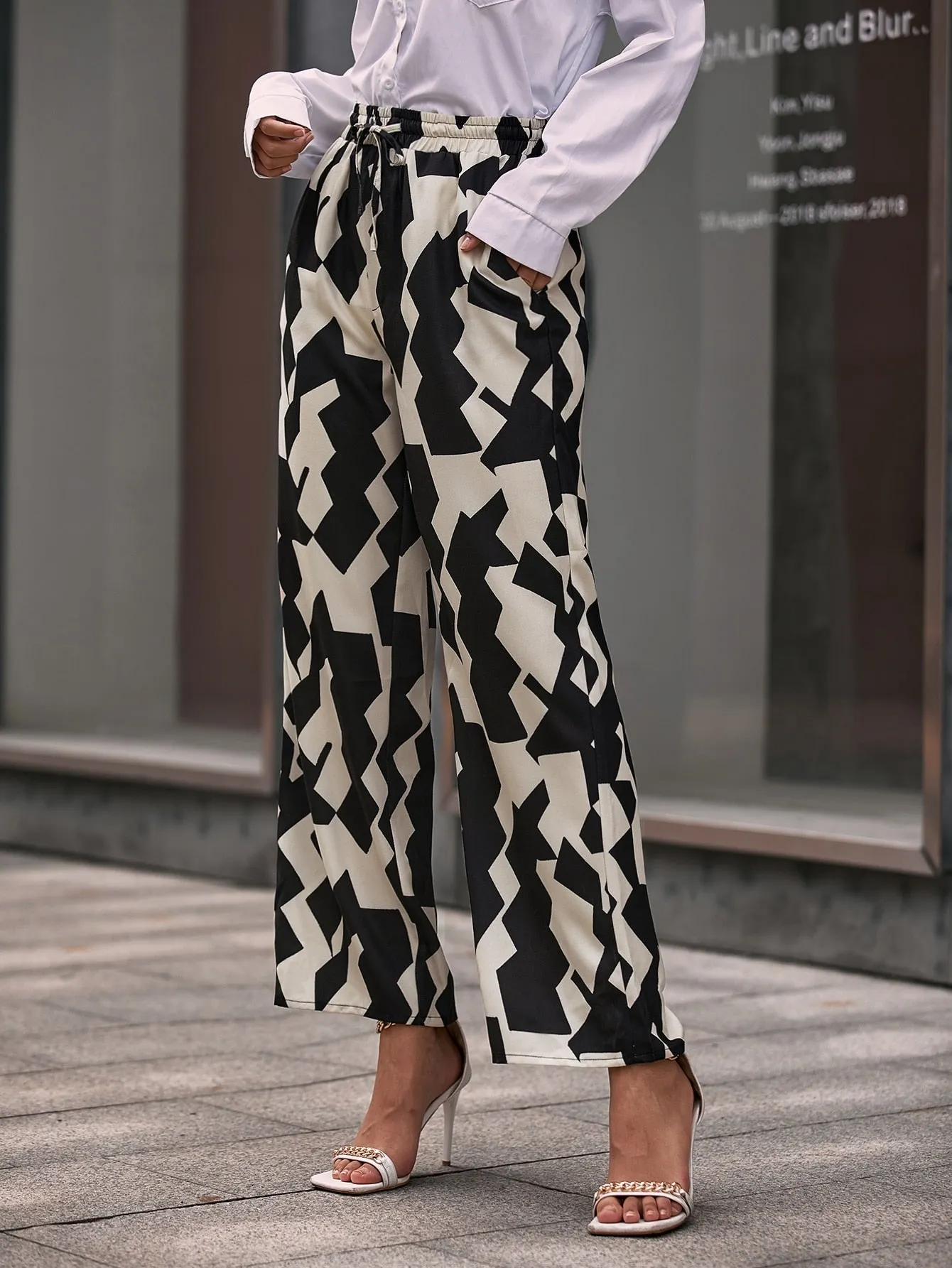 Elegant Geometric Pocket High Waist Long Women Pants