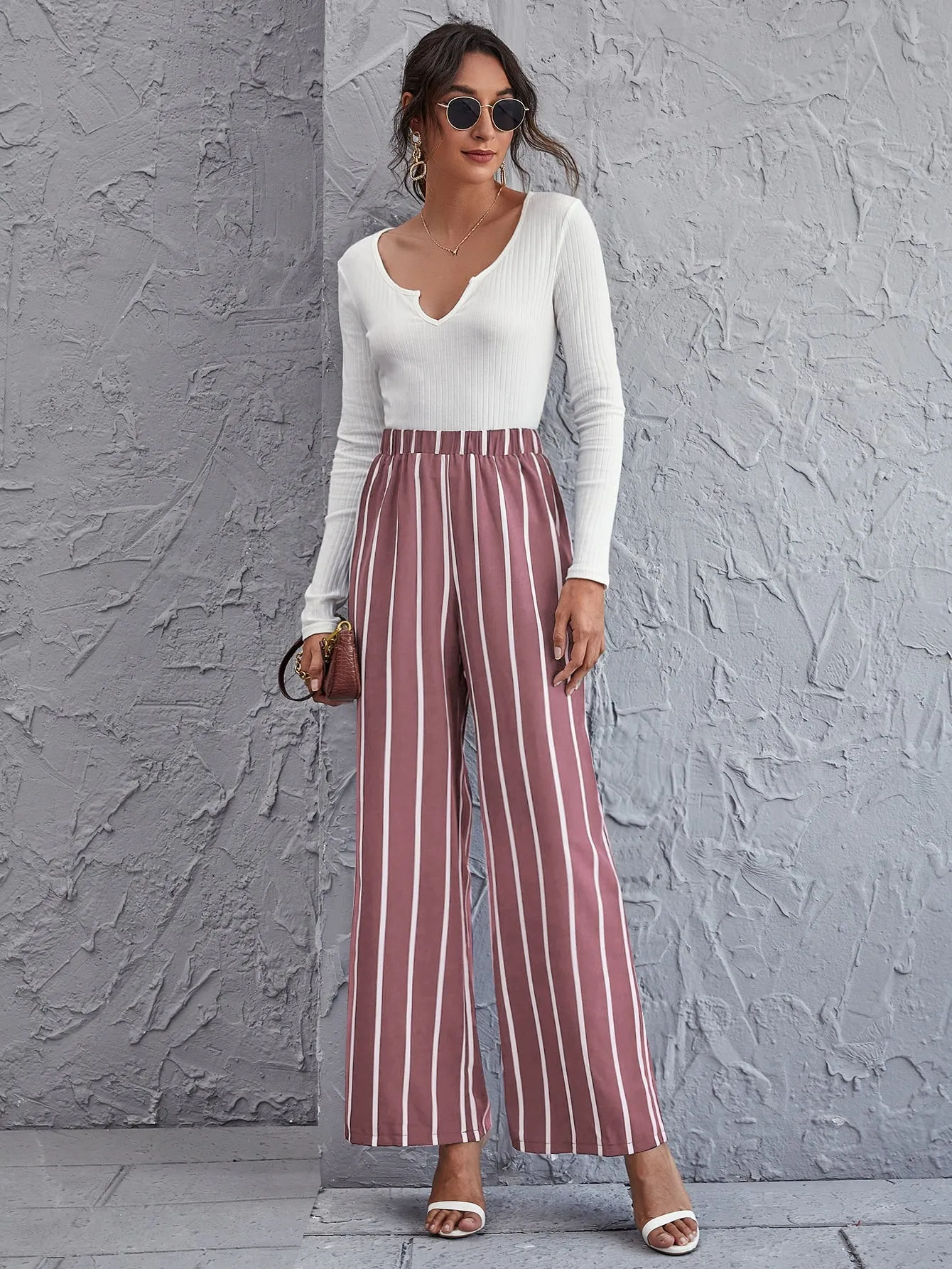 Elegant Striped High Waist Long Women Pants