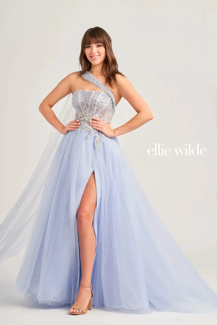 Ellie Wilde EW35090 A Line Cape Maxi Slit Sheer Corset Dress Formal One Shoulder Gown