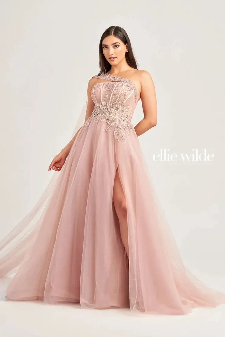 Ellie Wilde EW35090 A Line Cape Maxi Slit Sheer Corset Dress Formal One Shoulder Gown