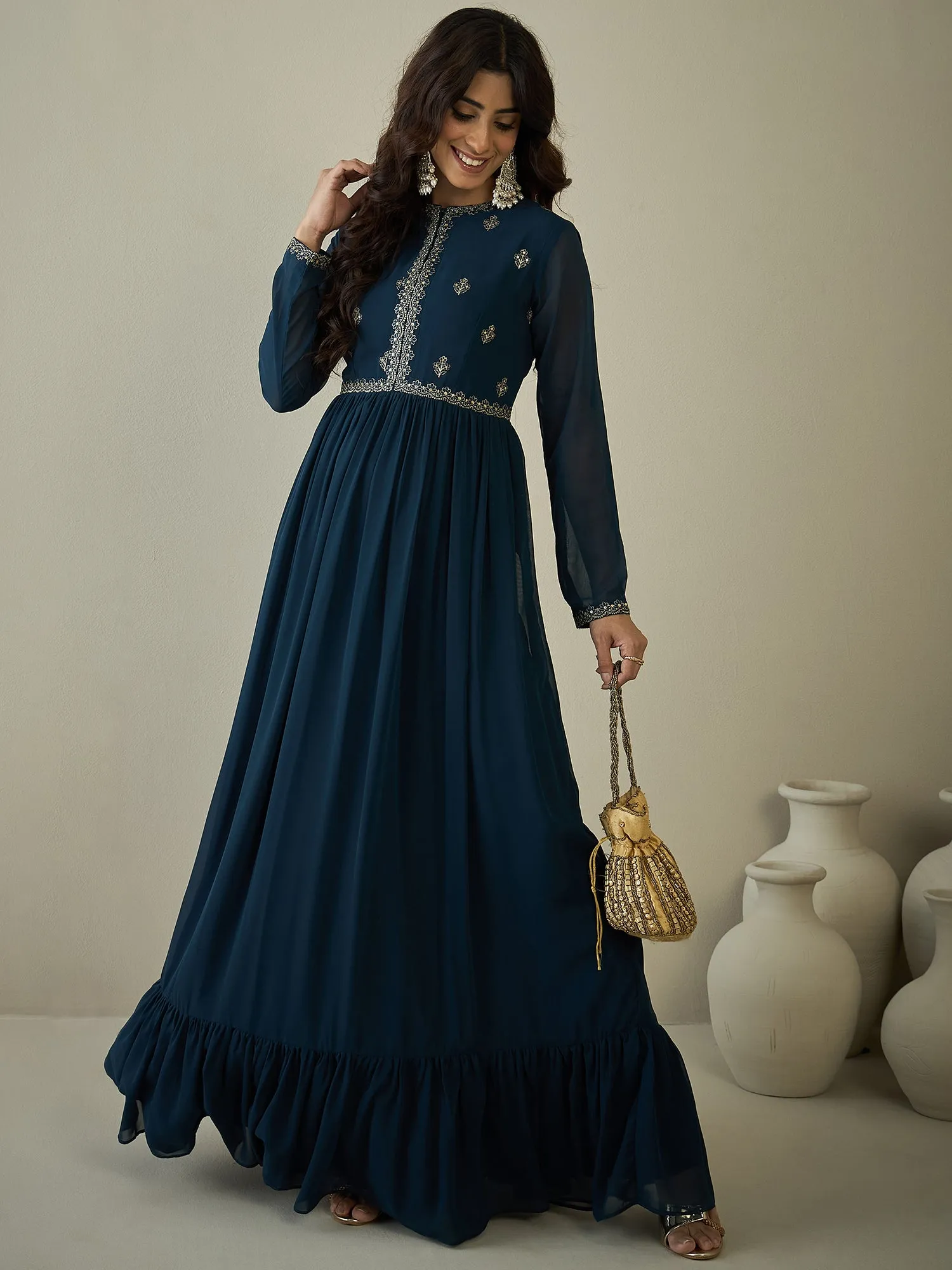 Embroidered Ruffle Ethnic Dress