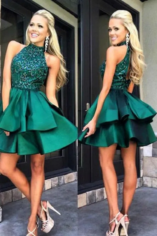 Emerald Green Bead Top Short Prom Dress with Open Back for Freshman