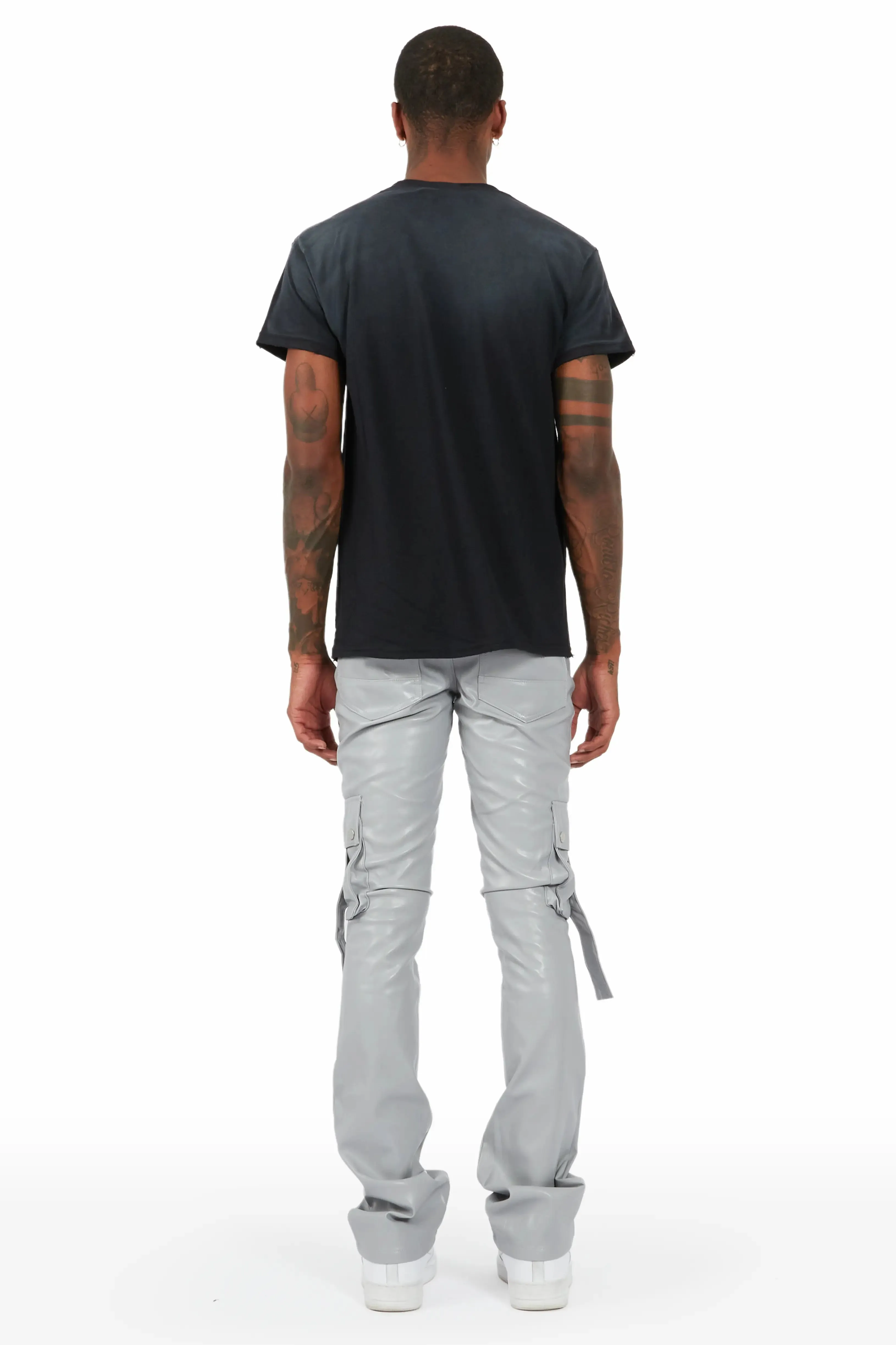 Errol Grey Faux Leather Stacked Cargo Jean