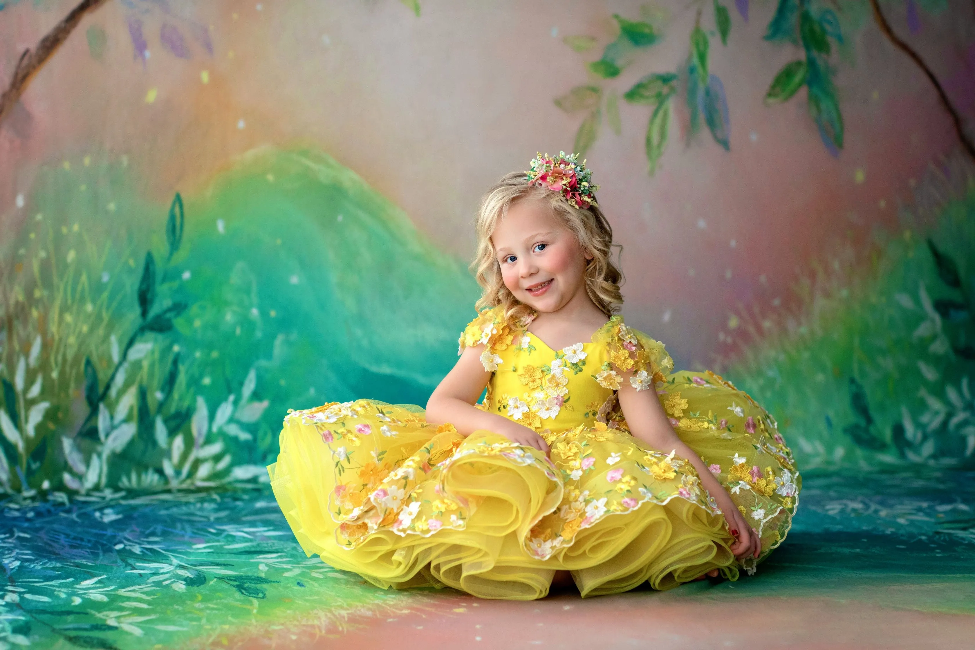 Euc "Floral Dreams" in Yellow -  Petal Short Length Dress ( 4 Year - Petite 5 Year)