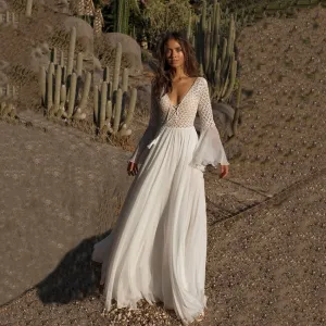 European and American style lace deep V neck bohemian dress lady frock big trumpet sleeve women ladies white dresses long