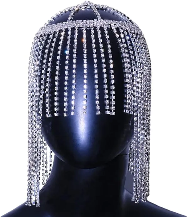 Exotic Silver Rhinestone Crystal Gatsby Inspired Egyptian Fringe Headpiece