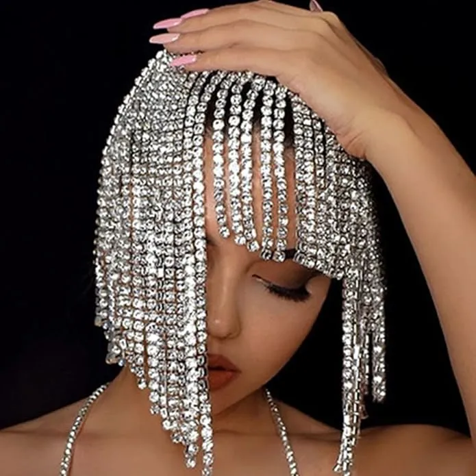 Exotic Silver Rhinestone Crystal Gatsby Inspired Egyptian Fringe Headpiece