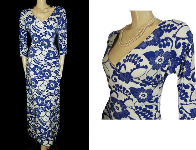 FABULOUS SOFT SURROUNDINGS ROYAL BLUE & WHITE SURPLICE SPANDEX CURVE HUGGING DRESS