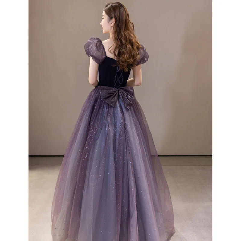 Fancy Puff Sleeve Velvet Spliced Tulle Glittering Princess Performance Birthday Party Event Dresses