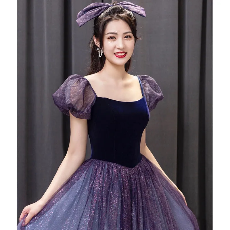 Fancy Puff Sleeve Velvet Spliced Tulle Glittering Princess Performance Birthday Party Event Dresses