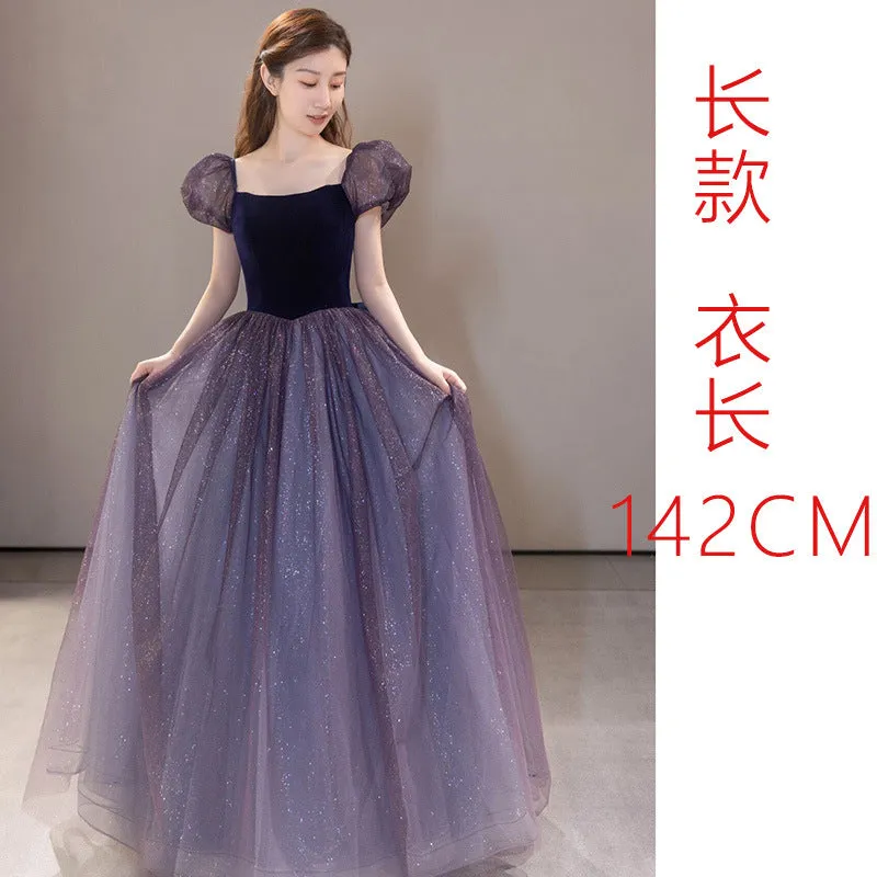 Fancy Puff Sleeve Velvet Spliced Tulle Glittering Princess Performance Birthday Party Event Dresses