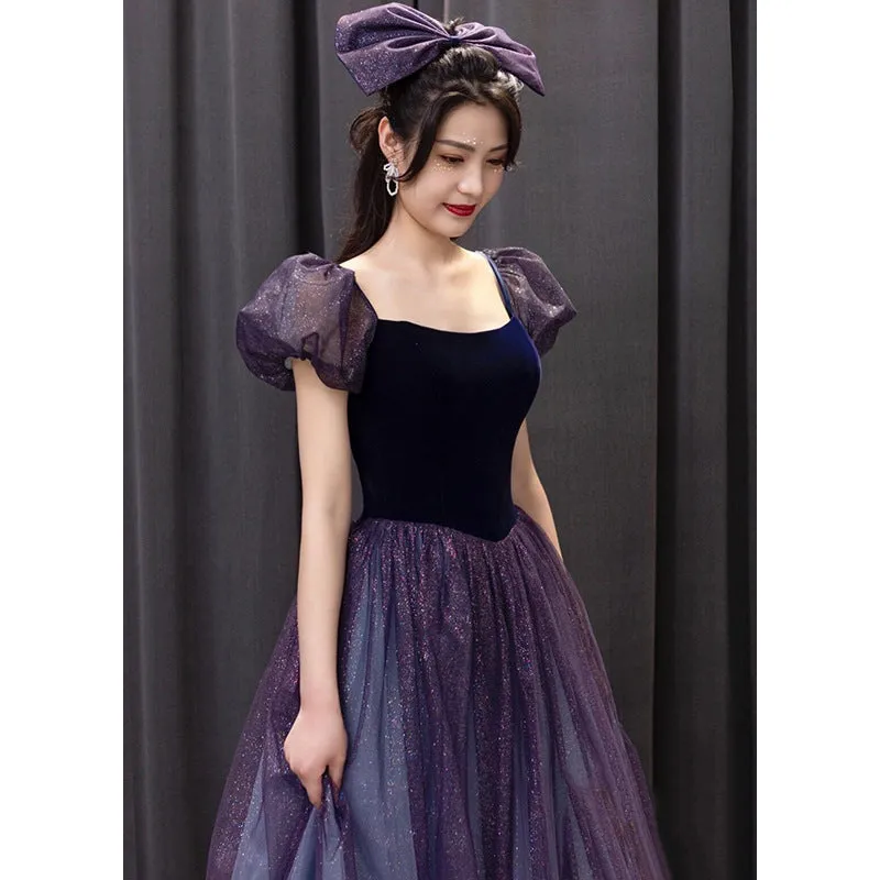 Fancy Puff Sleeve Velvet Spliced Tulle Glittering Princess Performance Birthday Party Event Dresses