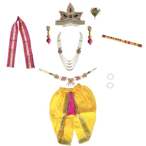 Fancydresswale Krishna Baby Dress Set with Patka, Bajuband, Kundal, Bansuri, Morepankh Kardhani | Magenta