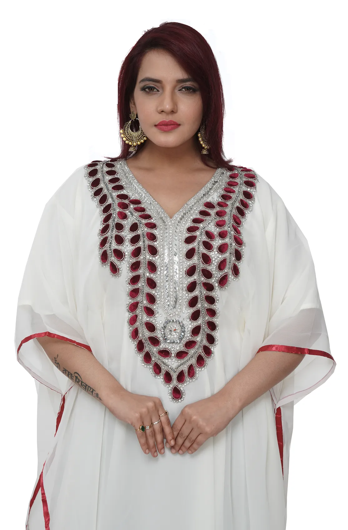 Farasha Gown with Maroon Velvet Motifs and Beads