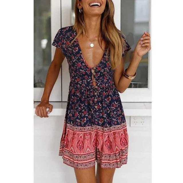 FashionSierra - Women Summer Clothes Red Blue Floral Print Sexy Tunic Boho Mini Dress Vneck Button Ladies Bohemian Beach Dresses Casual Sundress