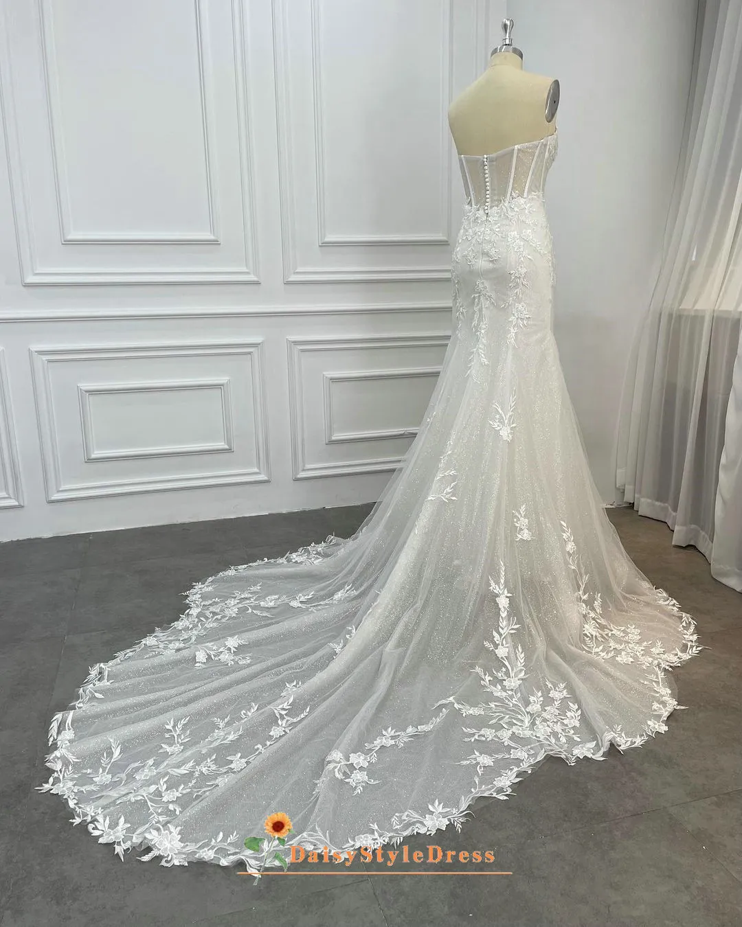 Fit and Flare Sparkle Sheer Lace Wedding Dress