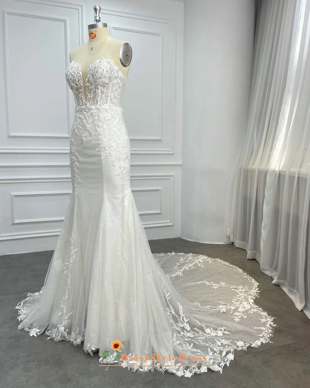 Fit and Flare Sparkle Sheer Lace Wedding Dress