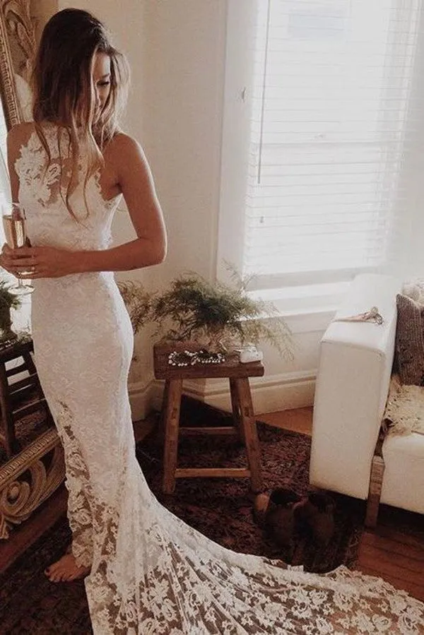 Floor length Open Back Lace Slit Wedding Dress