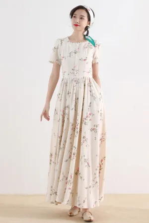 Floral Linen Maxi Cottagecore Dress 3009