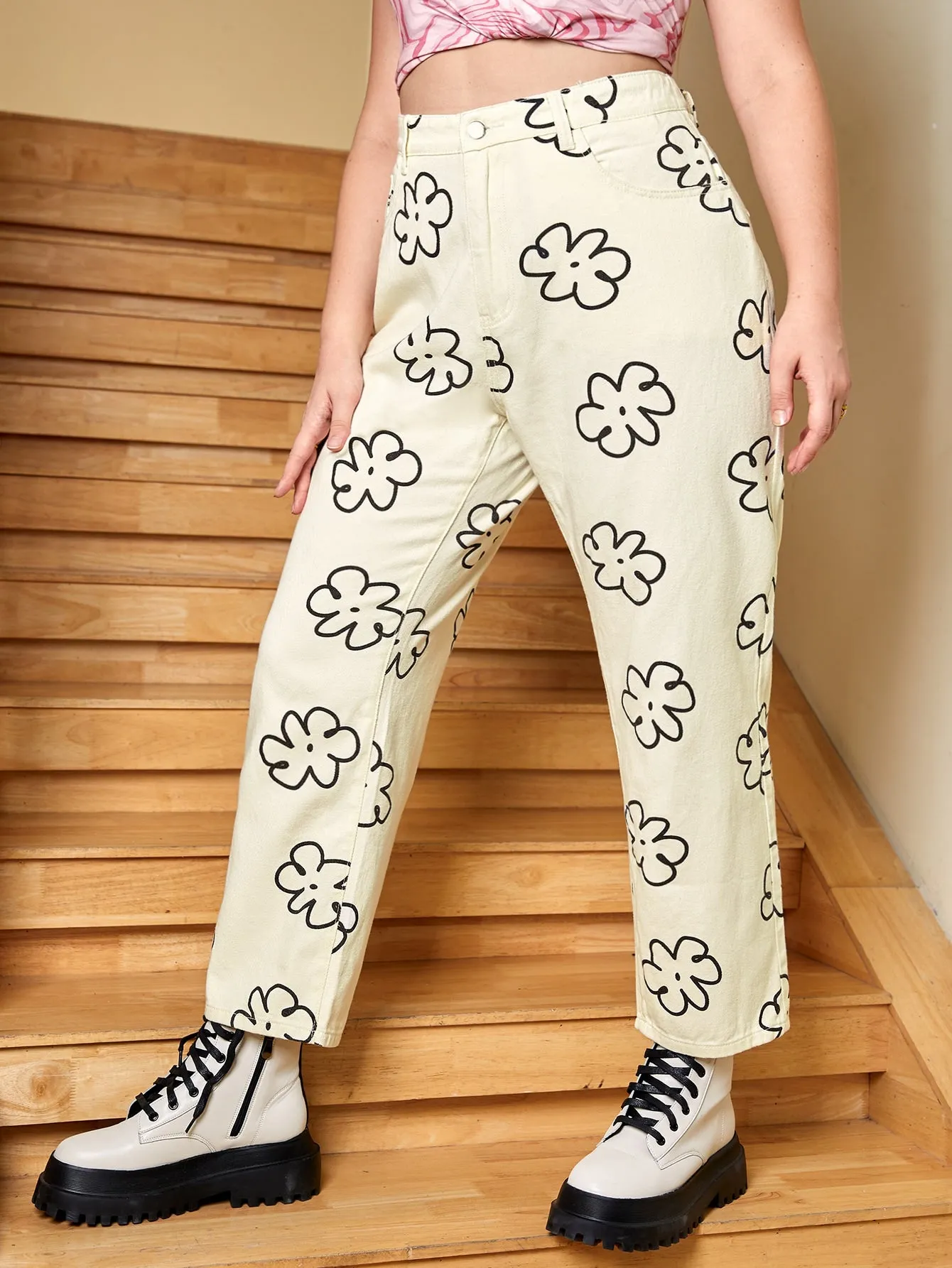 Floral Zipper High Waist Long Plus Size Jeans