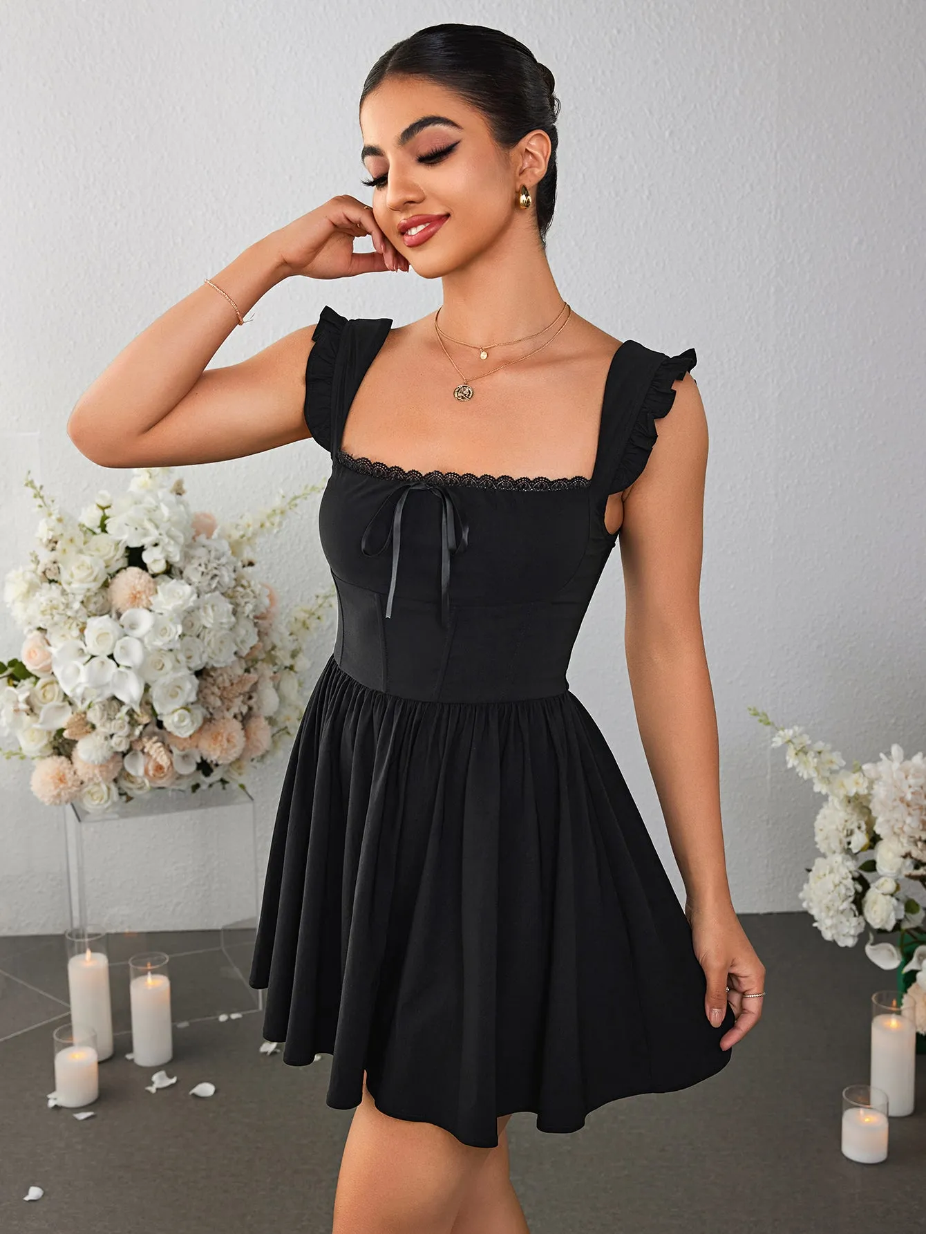 Fly Sleeve Lace Trim Tie Front Mini Dress