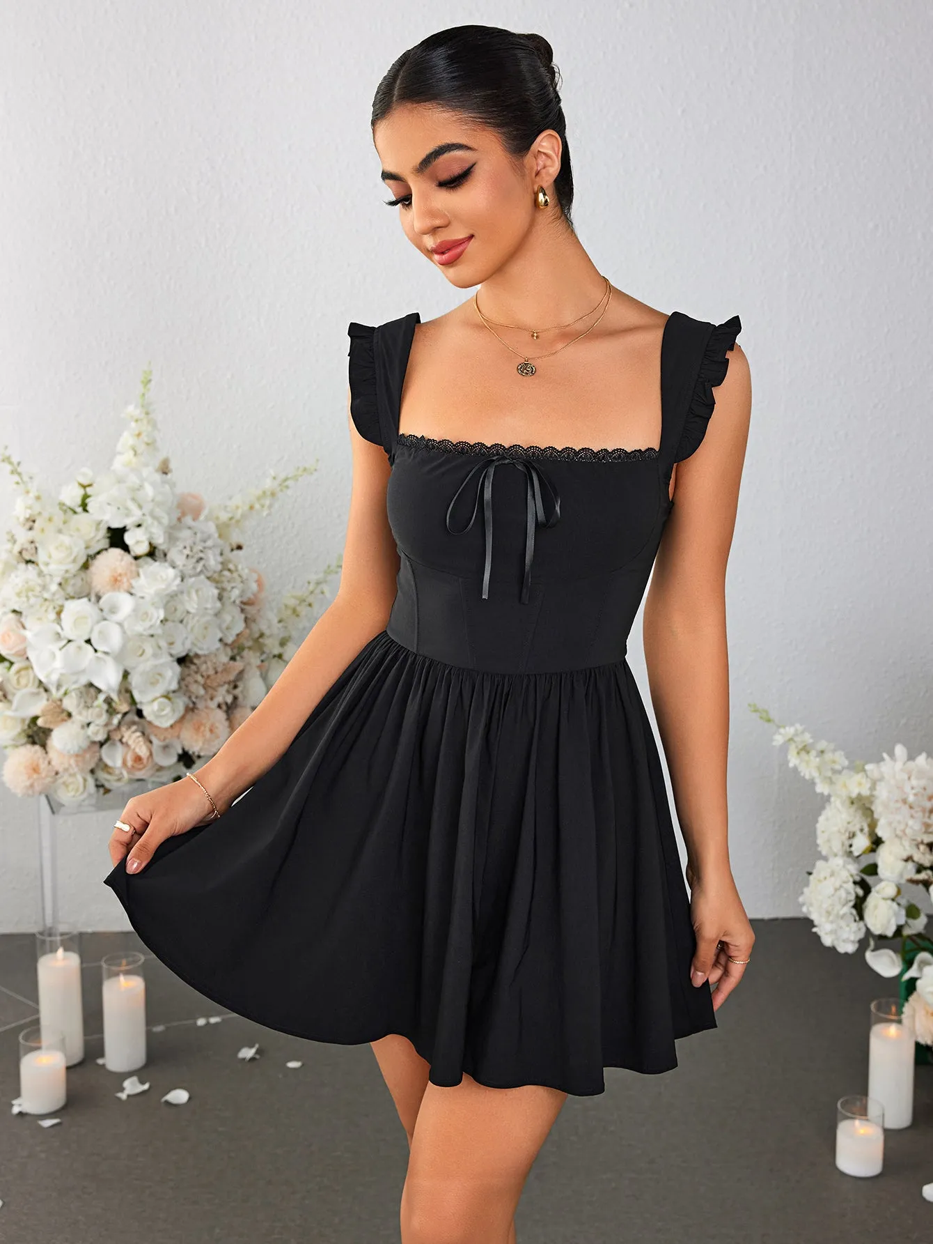 Fly Sleeve Lace Trim Tie Front Mini Dress